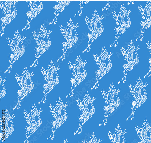 Hand drawn stork motifs on blue background. stork pattern vector photo