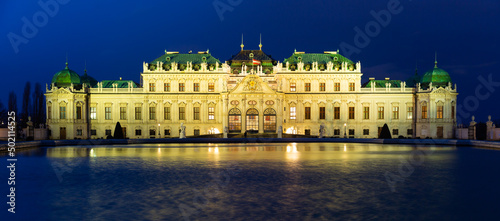 Illuminated Vienna's Belvedere at night. Baroque style palace.