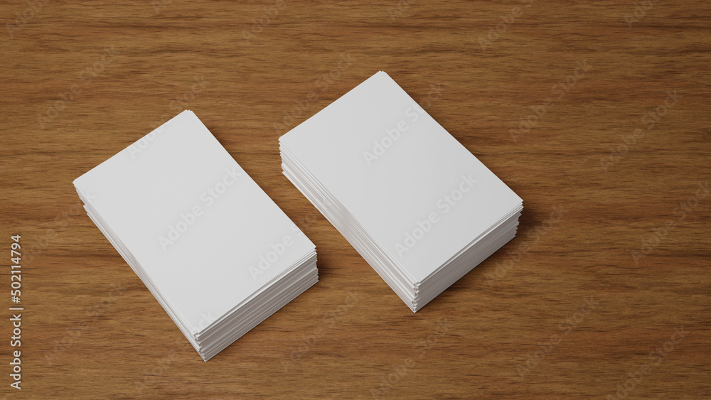 Stack of blank white business card, namecard mockup on wood table, promote company brand, 3D rendering. Stack of blank white business card, namecard mockup on wood table, promote company brand, 3D rendering.