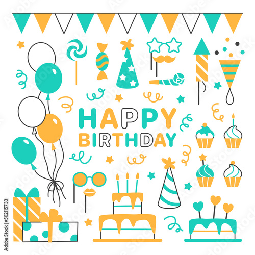 Happy Birthday flat line icons set. Color anniversary elements on white background for carnival event celebration invitation banner, card design. Gift box balloon birthday cake hat vector illustration