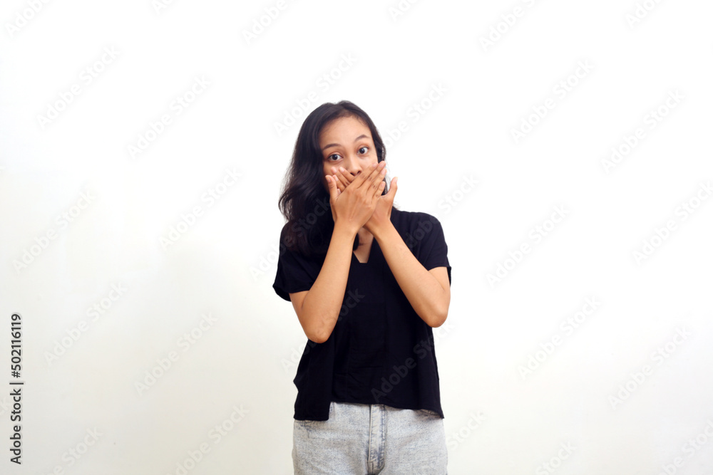 shocked asian woman covering mouth with hands isolated on white shocked asian woman covering mouth with hands isolated on white