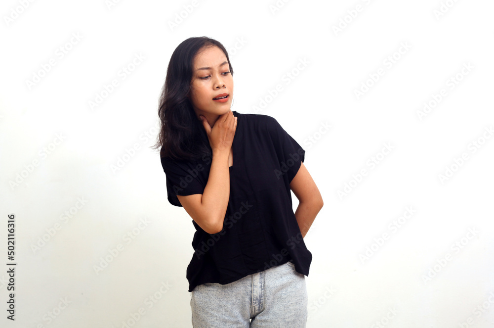young asian woman sore throat. isolated on white