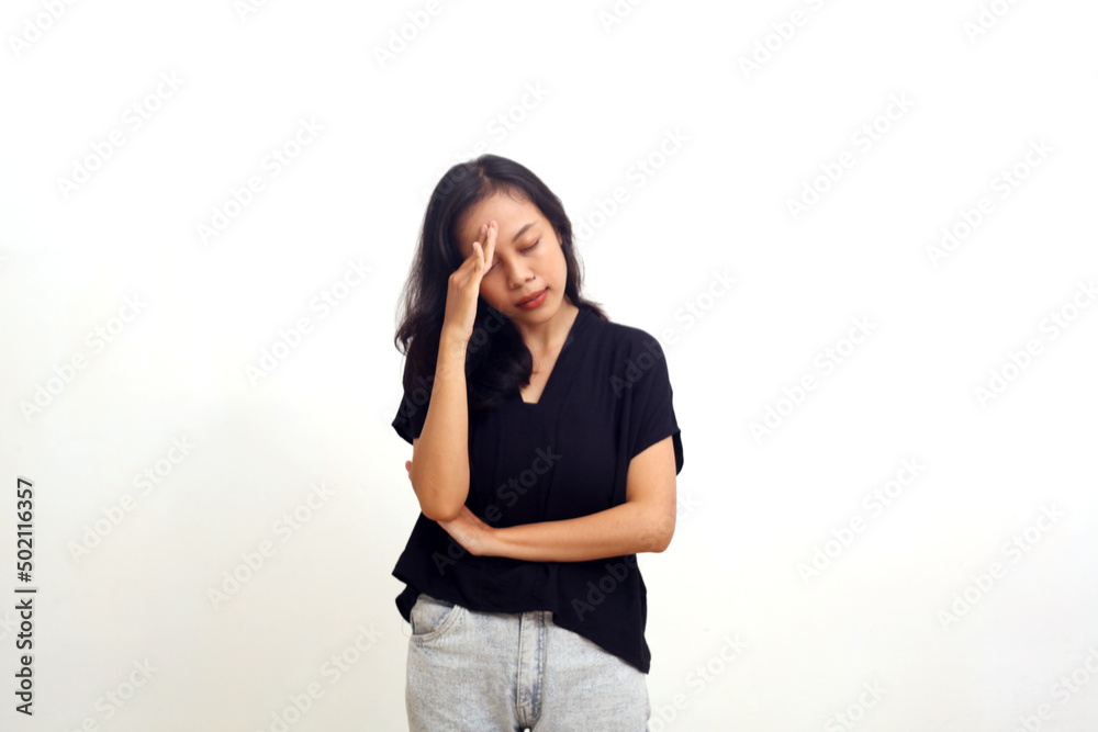 young asian woman headache holding her head. isolated white young asian woman headache holding her head. isolated white