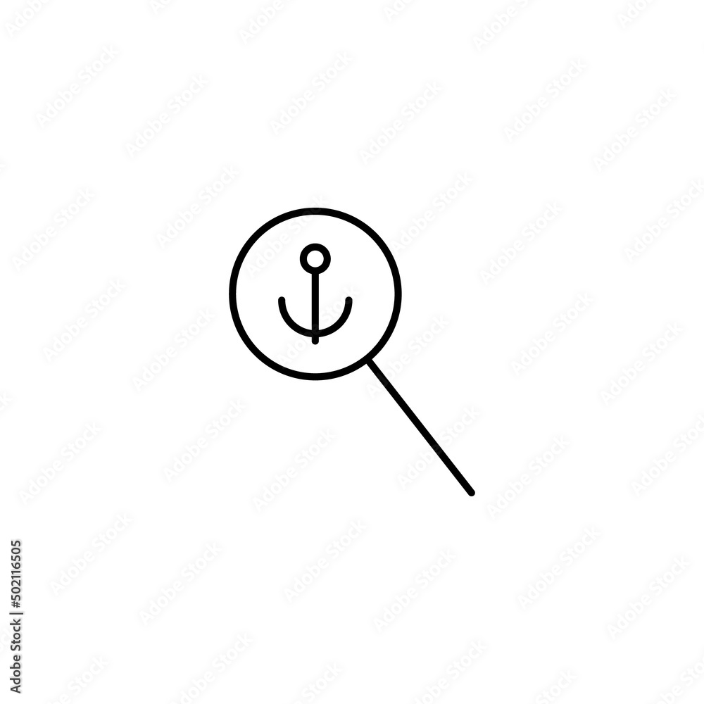 Outline symbols in flat style. Modern signs drawn with thin line. Editable strokes. Suitable for advertisements, books, internet stores. Line icon of anchor under magnifying glass Outline symbols in flat style. Modern signs drawn with thin line. Editable strokes. Suitable for advertisements, books, internet stores. Line icon of anchor under magnifying glass