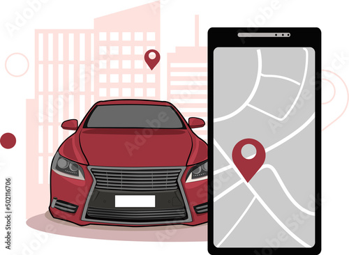 vector illustration of autonomous online car sharing service controlled via smartphone app. Phone with location mark and smart car with modern city skyline. 