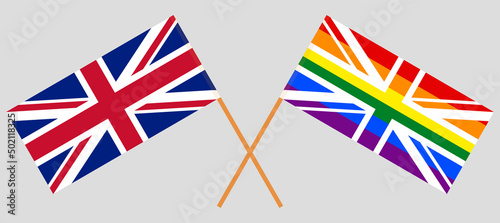Crossed flags of United Kingdom and Rainbow Union Jack. Official colors. Correct proportion