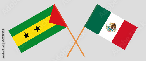 Crossed flags of Sao Tome and Principe and Mexico. Official colors. Correct proportion