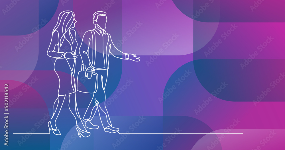 continuous line drawing of two business persons walking together and talking continuous line drawing of two business persons walking together and talking