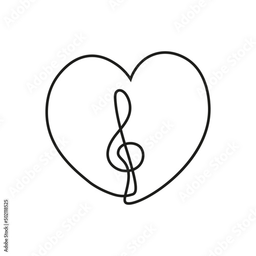 Love music, treble clef in heart shape, line art symbol, vector illustration.