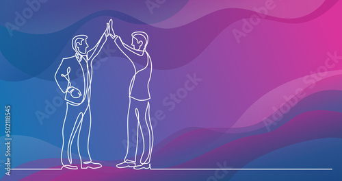 continuous line drawing of business situation - two men doing high five