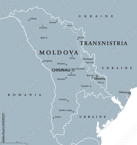 Moldova and Transnistria, gray political map. Republic of Moldova, with capital Chisinau, and Pridnestrovian Moldavian Republic, PMR, a disputed and unrecognized breakaway state with capital Tiraspol.