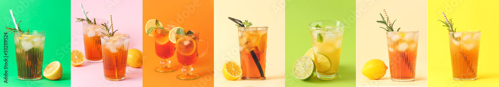 Set of glassware with cold black tea on colorful background Set of glassware with cold black tea on colorful background