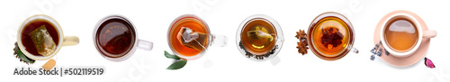 Foto Set of cups with hot tea isolated on white, top view