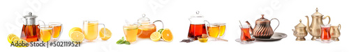 Fotografering Set of brewed aromatic tea on white background
