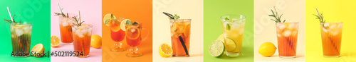 Set of glassware with cold black tea on colorful background