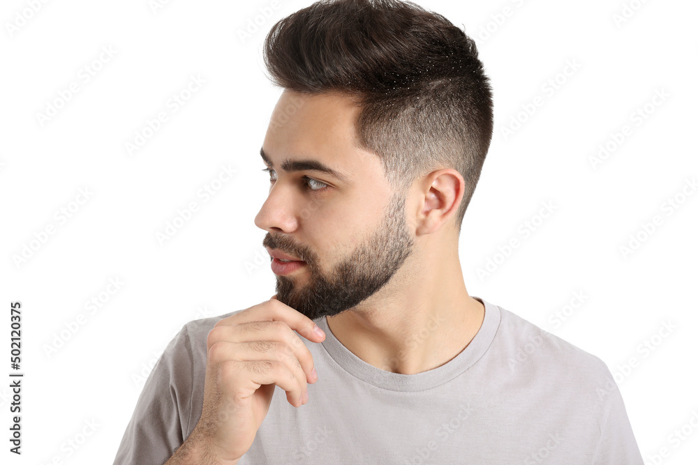 Young man with problem of dandruff isolated on white Young man with problem of dandruff isolated on white