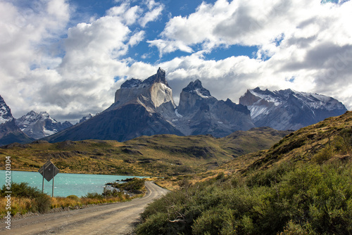 Road to the viewpoint Los Cuernos , Torres del Paine national park in chilean Patagonia photo