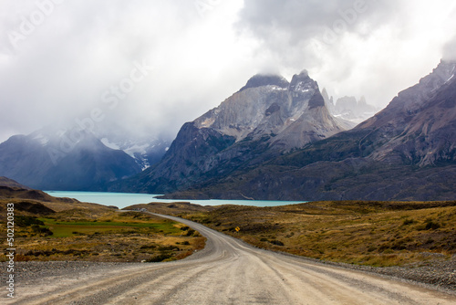Road in chilean national park in Patagonia Torres del paine