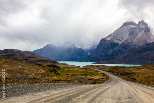 Road in chilean national park in Patagonia Torres del paine
