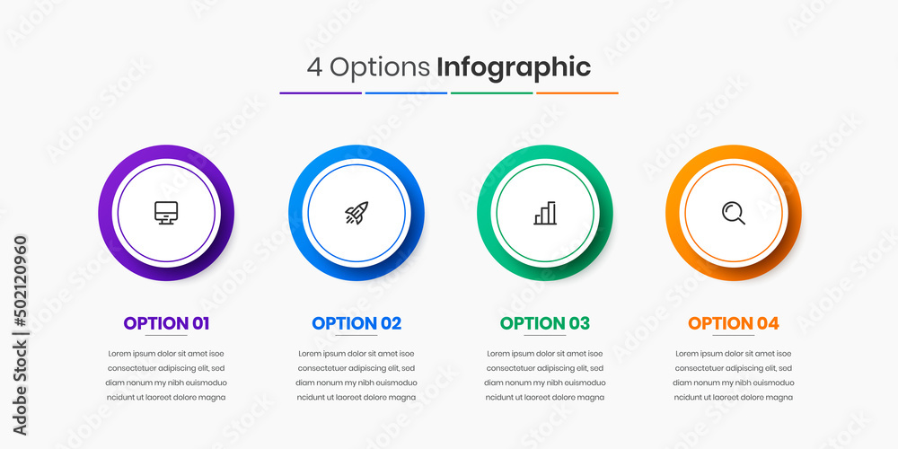 Fototapeta premium Vector Graphic of Infographic Element Design Templates with Circle Label, Icons and 4 Options. Suitable for Process Diagram, Presentations, Workflow Layout, Banner, Flow Chart, Infographic.