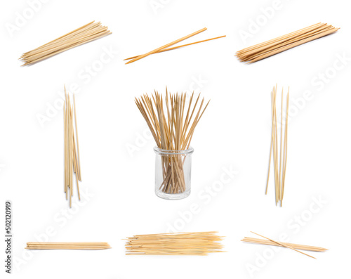 Set of wooden skewers isolated on white