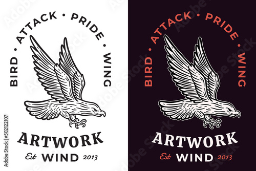 Set Dark illustration Eagle Bird Head and Pose Hand drawn Hatching Outline Symbol Tattoo Merchandise T-shirt Merch vintage