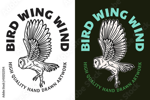Set Dark illustration Owl Bird Head and Pose Hand drawn Hatching Outline Symbol Tattoo Merchandise T-shirt Merch vintage