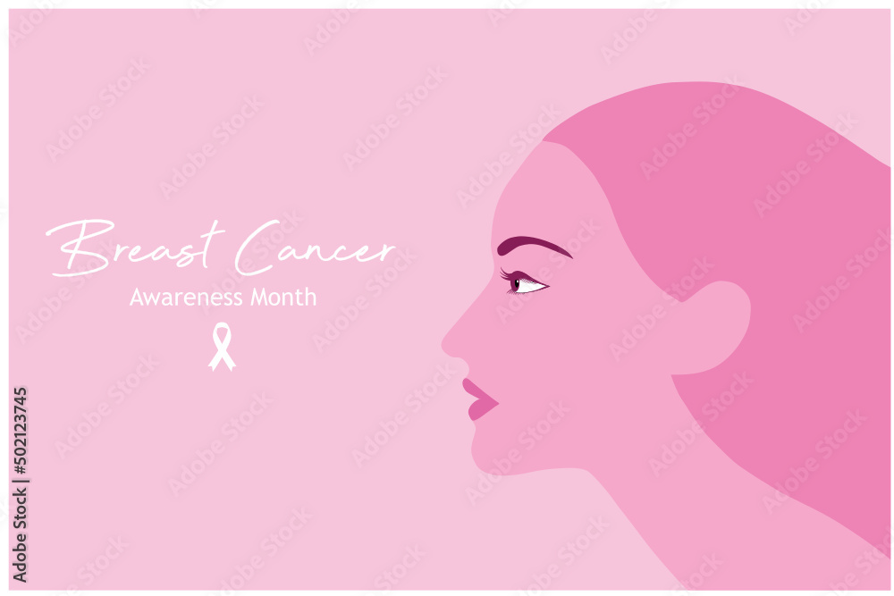 ฺBreast cancer awareness for love and support. Beautiful young women wearing face mask with pink ribbon brooch vector illustration. Breast cancer concept background
