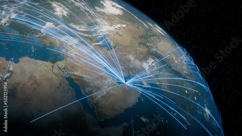 Earth in Space. Blue Lines connect Abu Dhabi, UAE with Cities across the World. Global Travel or Networking Concept.