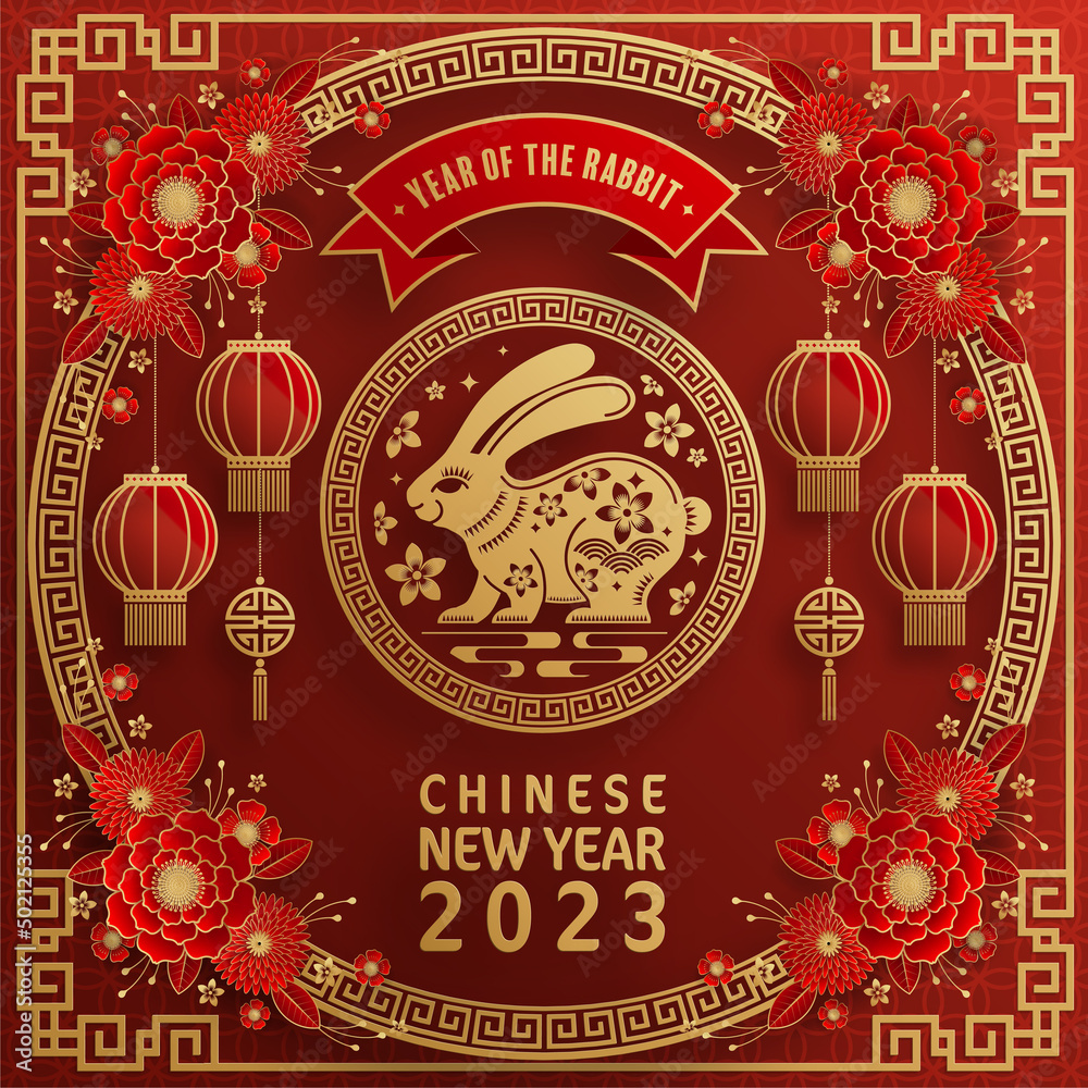 Happy chinese new year 2023 year of the rabbit zodiac with on color Background.