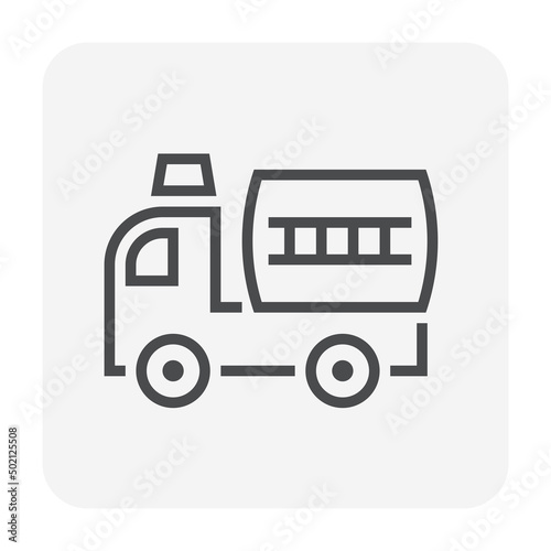 Fire engine vector icon at side. May called fire truck, firetruck. Emergency vehicle with siren light from fire department for rescue city with water, firefighters or fireman, ladder, hose. 64x64 px.