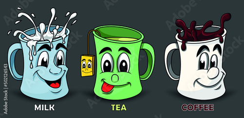 Cartoon coffee tea and milk drinks illustration
