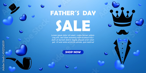 Happy father's day sale banner or promotion on blue background. background with father's day symbols