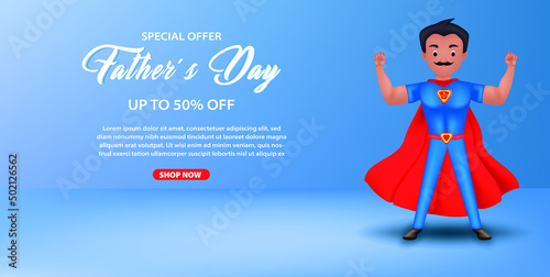 Happy father's day sale banner or promotion on blue background. super dad photo