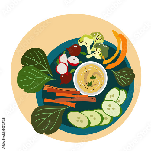 Hummus parsley. Breakfast. Top view Vector illustration.