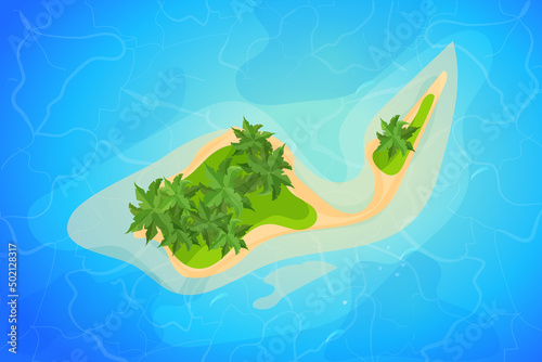 Tropical island top view, resort with palm trees, sand and waves in cartoon style isolated on white background. Summer aerial, landscape.