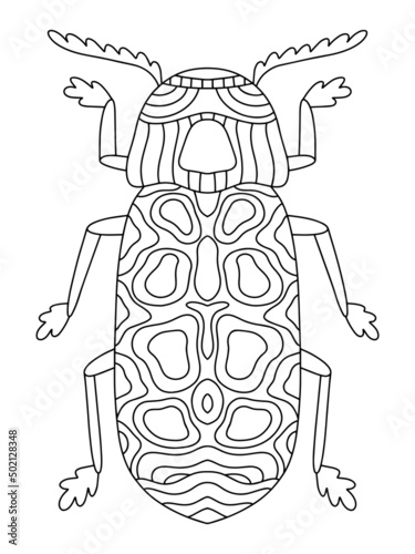 Hand-drawn stylized bread beetle linear print isolated on white vector illustration. Decorative drugstore beetle coloring page for adults. Insect with ornaments vertical printable worksheet