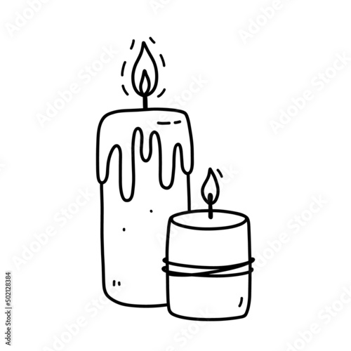 Two burning candles with dripping wax isolated on white background. Vector hand-drawn illustration in doodle style. Perfect for cards, logo, holiday designs, decorations.
