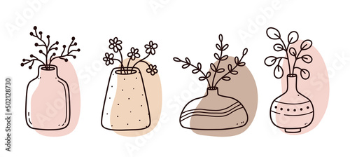 Set of abstract floral doodles with color organic shapes. Minimalist vases with flowers isolated on white background. Vector hand-drawn illustration. Perfect for cards, decorations, logo, posters.