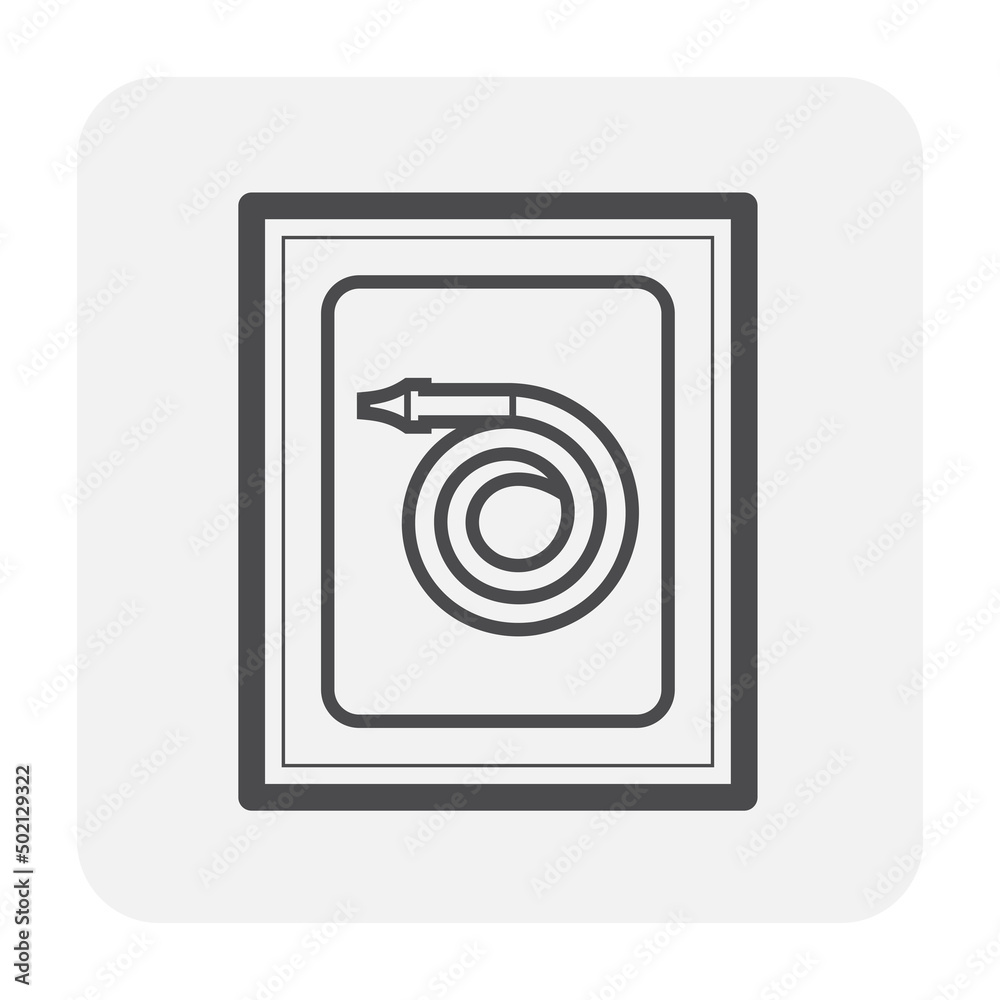Fire hose or firehose vector icon. Include nozzle, hose reel. Extinguisher or safety equipment tool in steel box wall for firefighter to extinguish, fighting fire, protection and rescue in emergency.
Fire hose or firehose vector icon. Include nozzle, hose reel. Extinguisher or safety equipment tool in steel box wall for firefighter to extinguish, fighting fire, protection and rescue in emergency.