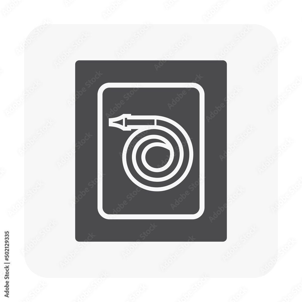 Fire hose or firehose vector icon. Include nozzle, hose reel. Extinguisher or safety equipment tool in steel box wall for firefighter to extinguish, fighting fire, protection and rescue in emergency.
Fire hose or firehose vector icon. Include nozzle, hose reel. Extinguisher or safety equipment tool in steel box wall for firefighter to extinguish, fighting fire, protection and rescue in emergency.