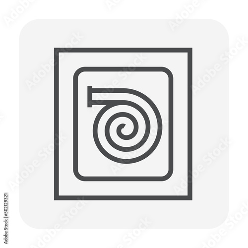 Fire hose or firehose vector icon. Include nozzle, hose reel. Extinguisher or safety equipment tool in steel box wall for firefighter to extinguish, fighting fire, protection and rescue. 64x64 pixel.