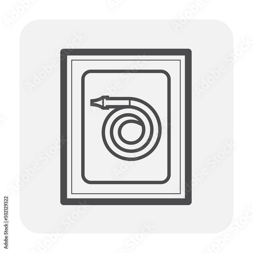 Fire hose or firehose vector icon. Include nozzle, hose reel. Extinguisher or safety equipment tool in steel box wall for firefighter to extinguish, fighting fire, protection and rescue in emergency.
