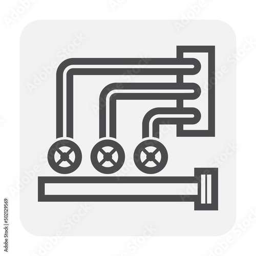 Pipe, pipeline and vale vector icon design. Industrial equipment for supply flow water, control pressure in system of plumbing, fire pump, fire alarm, sprinkler in building i.e. home, factory.
