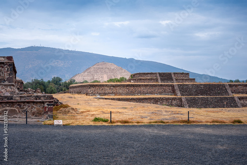 Perspective view at the Citadel a large plaza at Teotihuacán, an archaeological complex in Central Mexico. The city of Teotihuacan contains residences, great plazas, temples, and palaces of nobles