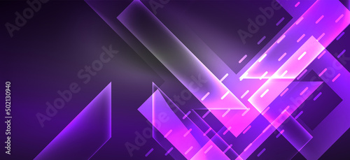 Background neon glowing lines and geometric shapes. Lights in the dark wallpaper for concept of AI technology, blockchain, digital, communication, 5G, science