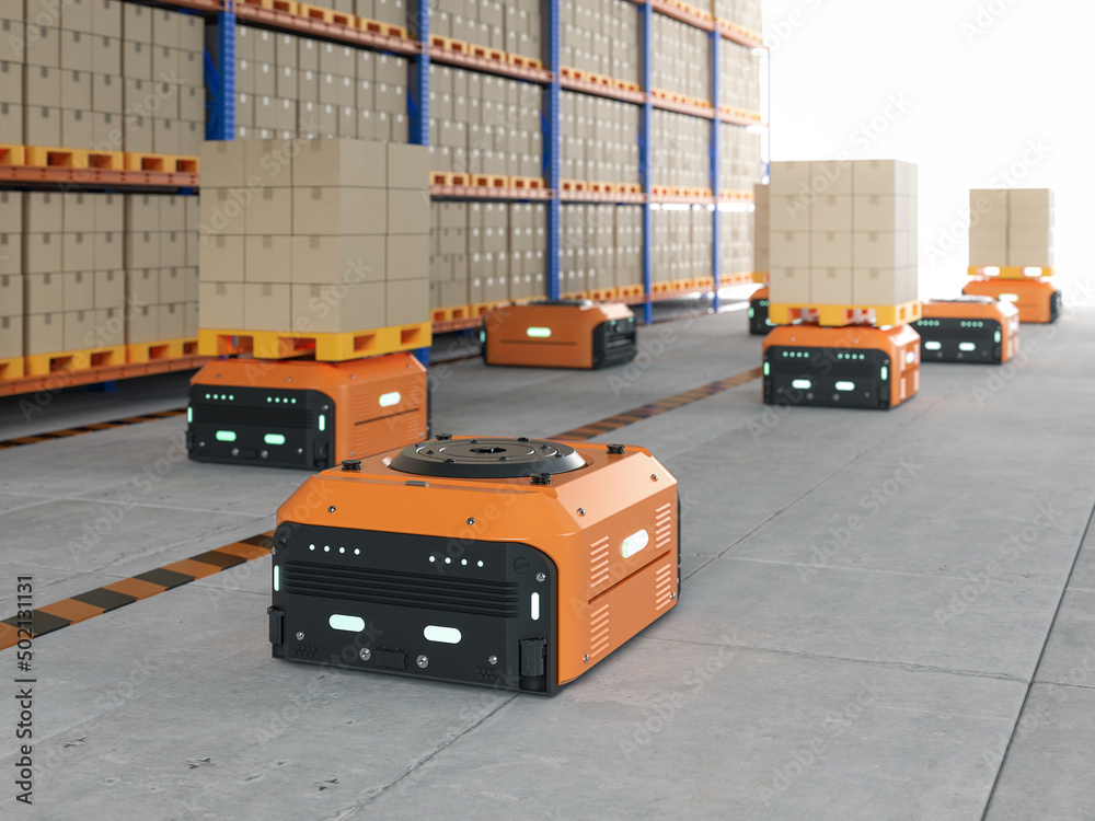 Naklejka premium Automation warehouse management with robot carry cardboard box
