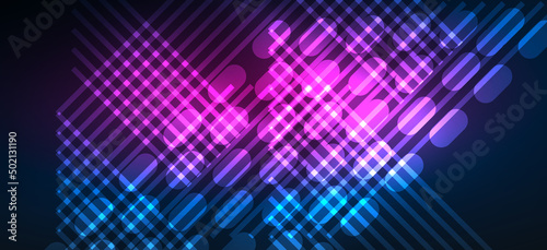 Background neon glowing lines and geometric shapes. Lights in the dark wallpaper for concept of AI technology, blockchain, digital, communication, 5G, science