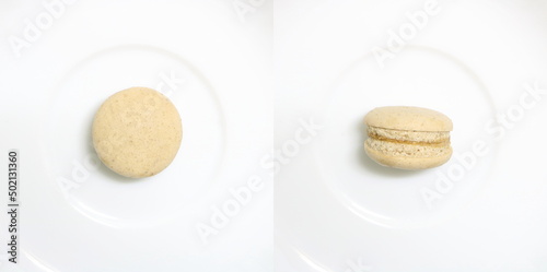 Konstfotografi pair image top view and side view of isolated brown mini macaron on center white