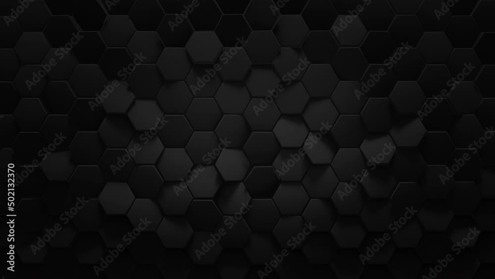Black hexagonal honeycomb background. Seamless loop 3D render animation